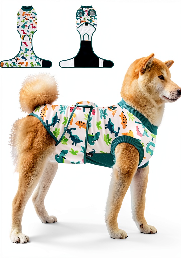 V.PET.B.R dog surgery recovery suit in Strawberry color on a small dog