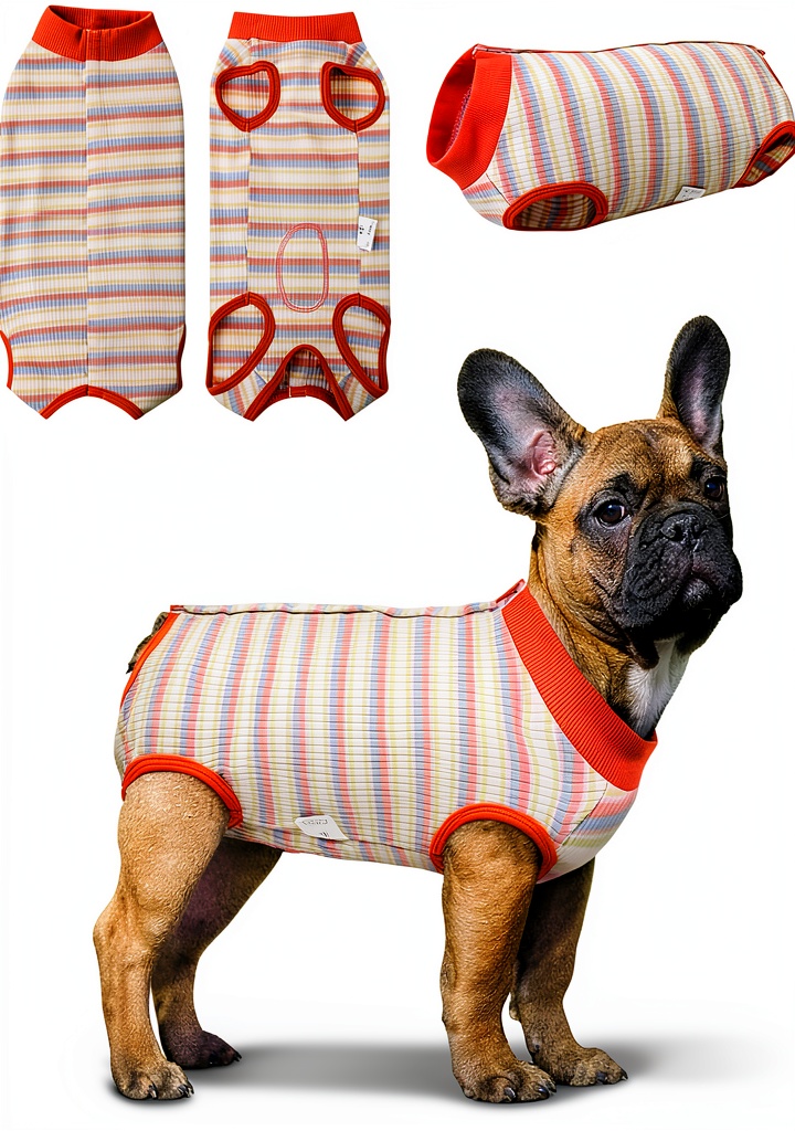 SAWMONG dog recovery suit showing breathable fabric and abdominal design
