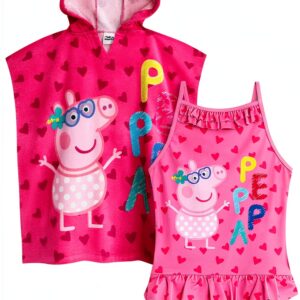 Peppa Pig Girls Pink Swimsuit Poncho Towel Set-0