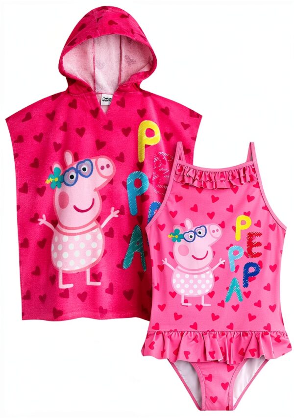 Peppa Pig Girls Pink Swimsuit Poncho Towel Set-0