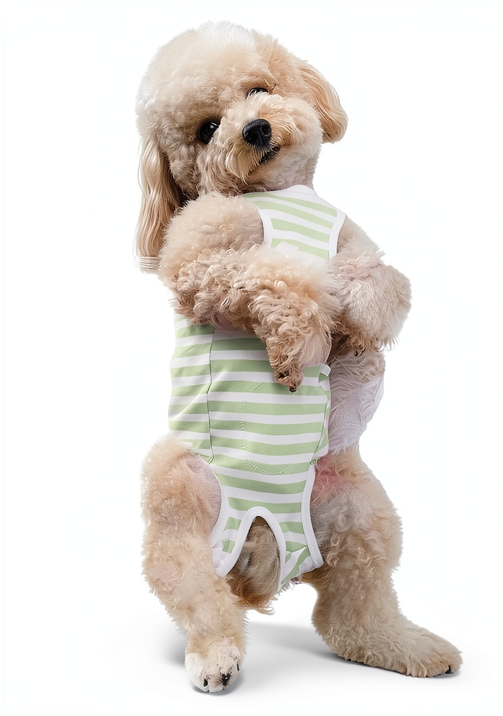 Paipeper dog recovery suit in blue color on a small dog