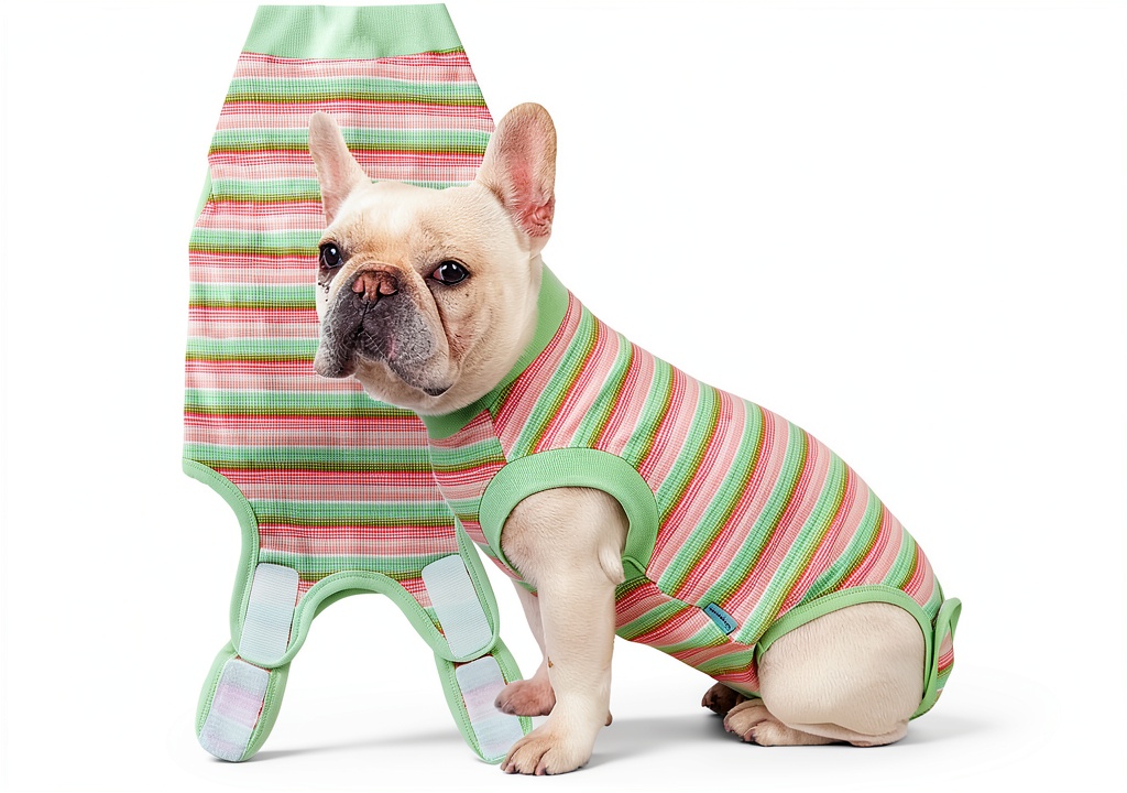 Sebidtco dog surgery recovery suit in striped purple on a small dog